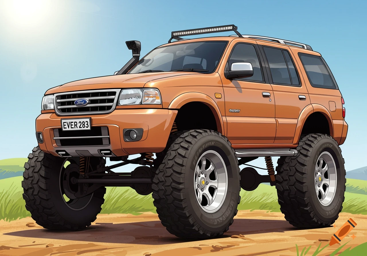 Cartoon lifted orange Ford Everest truck with chunky off-road tires on a dirt road.