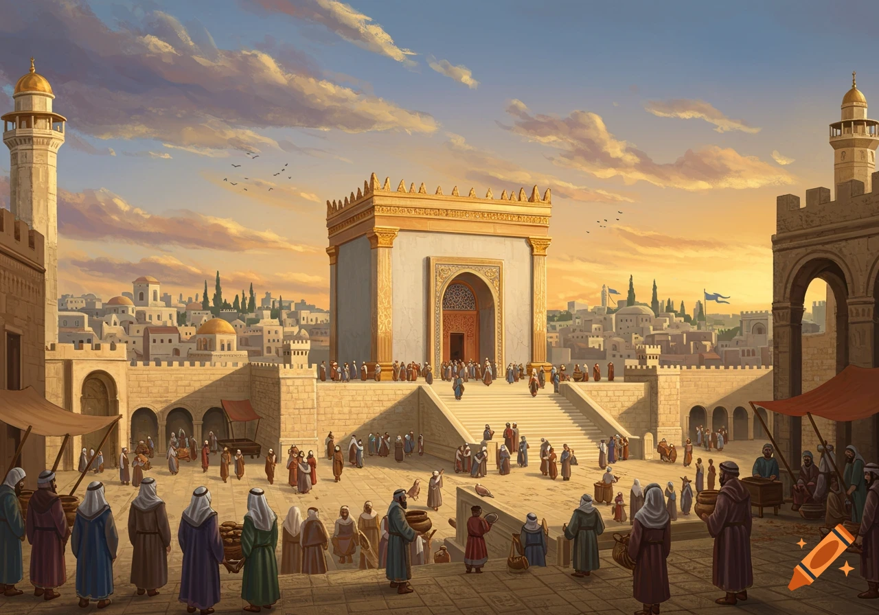 Busy ancient city courtyard scene with crowds of people in front of a grand temple building at sunset.