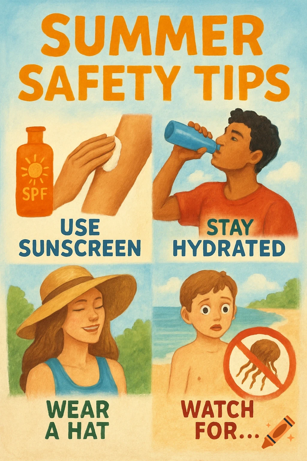 A poster with four illustrated panels depicting summer safety tips: applying sunscreen, drinking water, wearing a hat, and watching for jellyfish.
