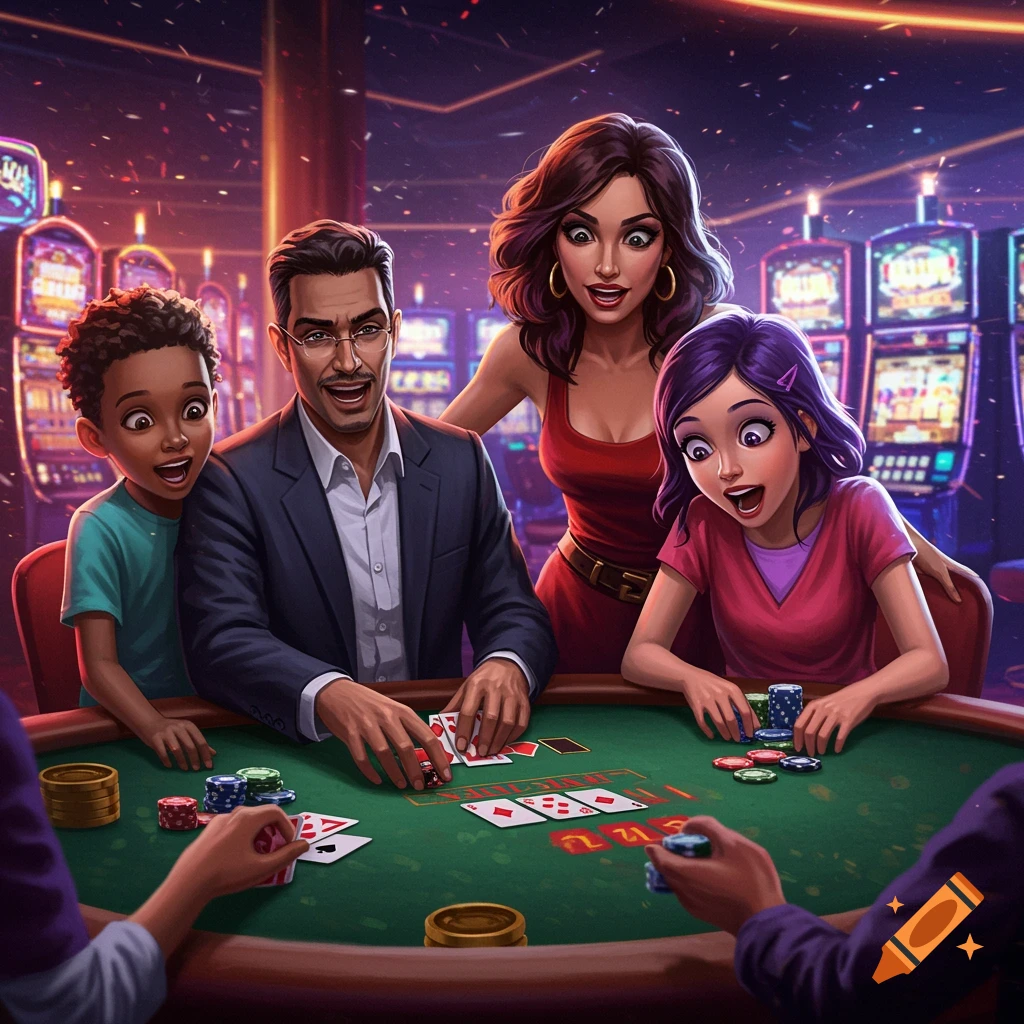 A stylized illustration of a family playing cards at a casino table.