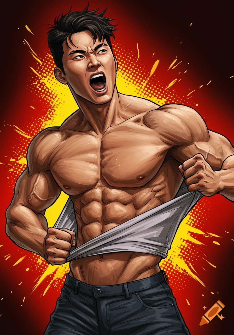 Comic art style illustration of a muscular man ripping off his shirt.
