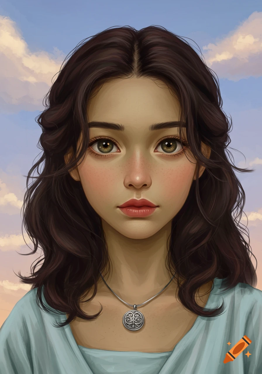 Close-up portrait illustration of a young woman with dark hair and ...