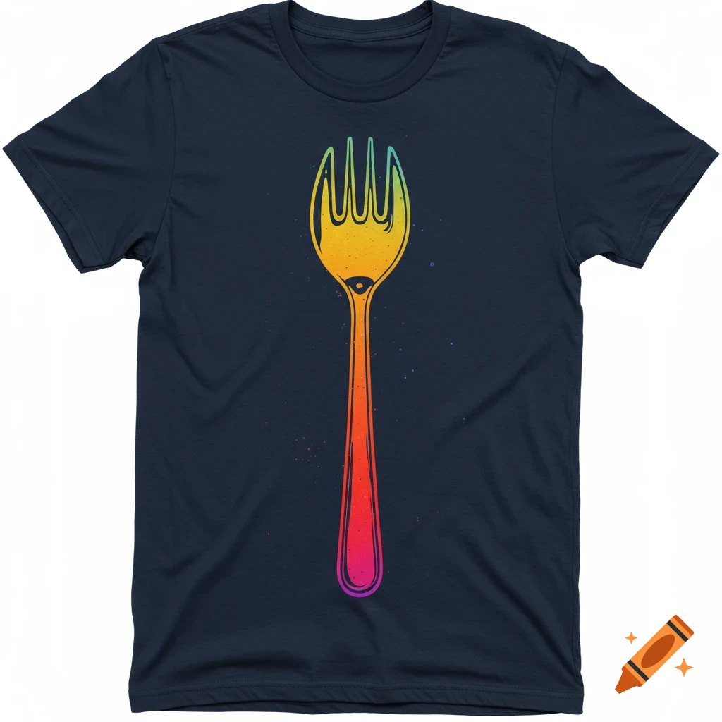 Dark blue t-shirt with a colorful illustration of a spork.