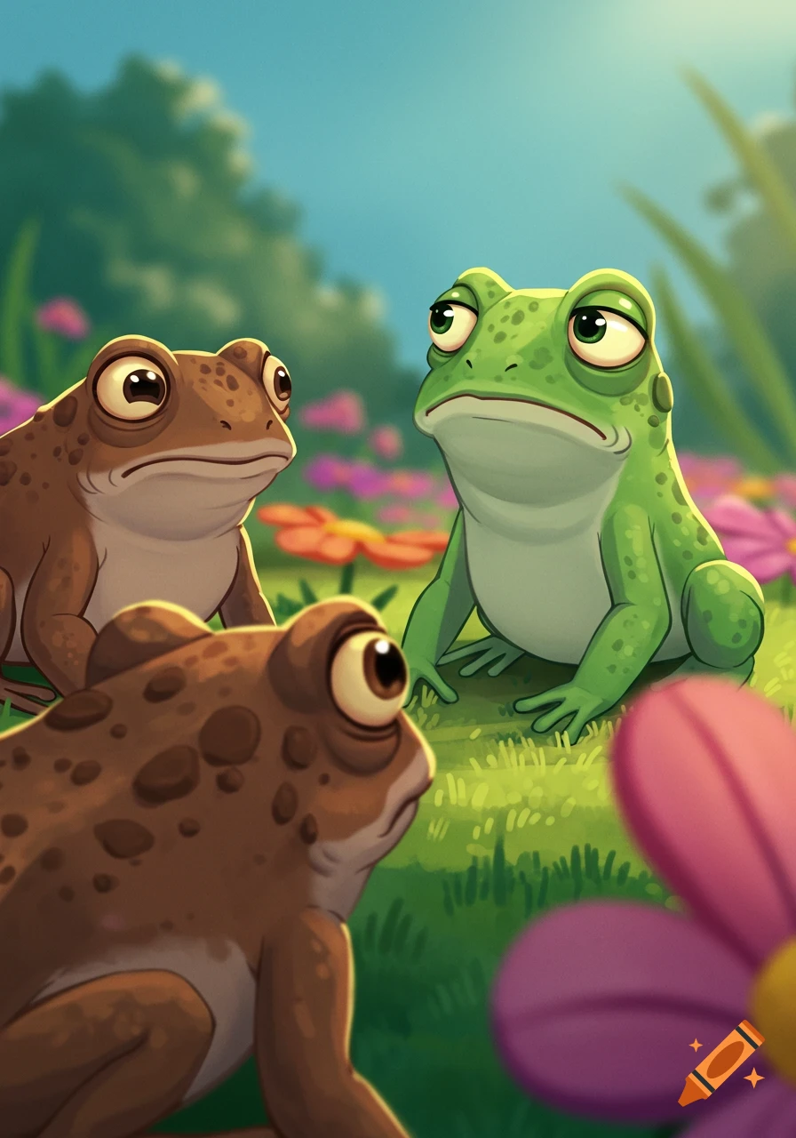 Three cartoon frogs in a garden, one green looking upset at two brown.