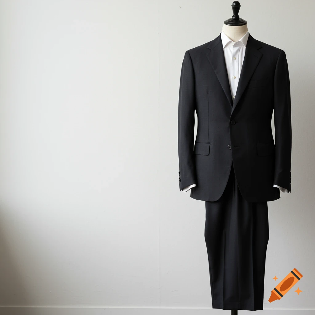 A black suit on a mannequin against a white wall.