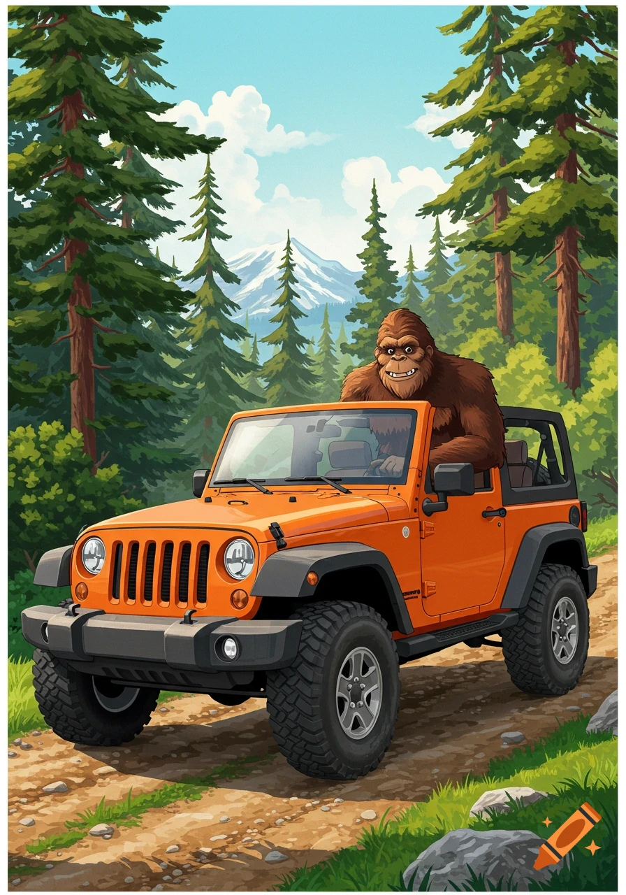 Illustration of Bigfoot driving an orange Jeep on a forest trail.