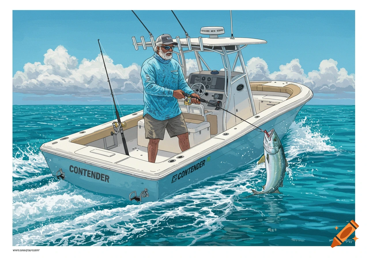 Illustration of a fisherman on a boat reeling in a fish jumping from the water