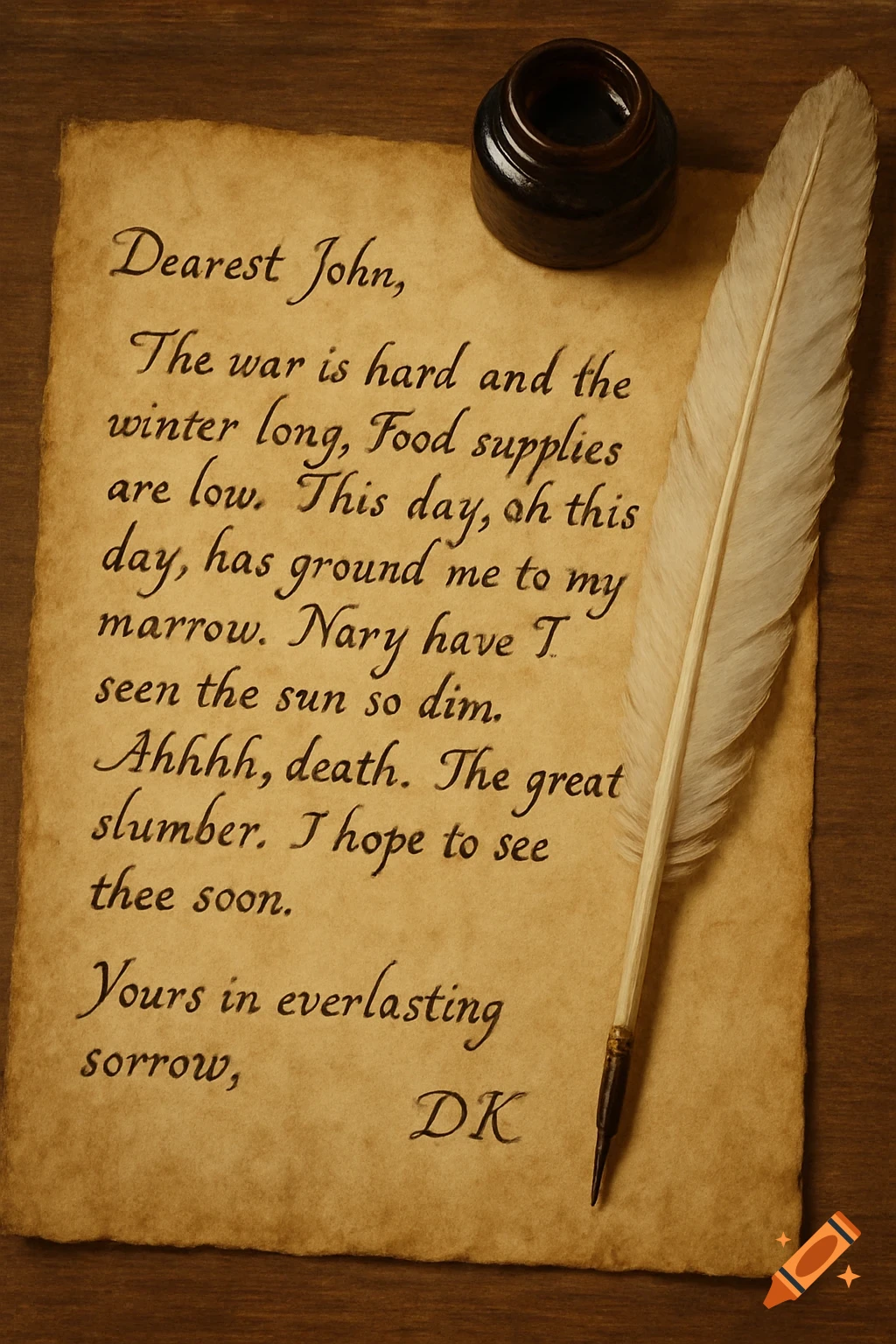 An antique letter written on parchment with a quill pen and ink pot on a wooden table.