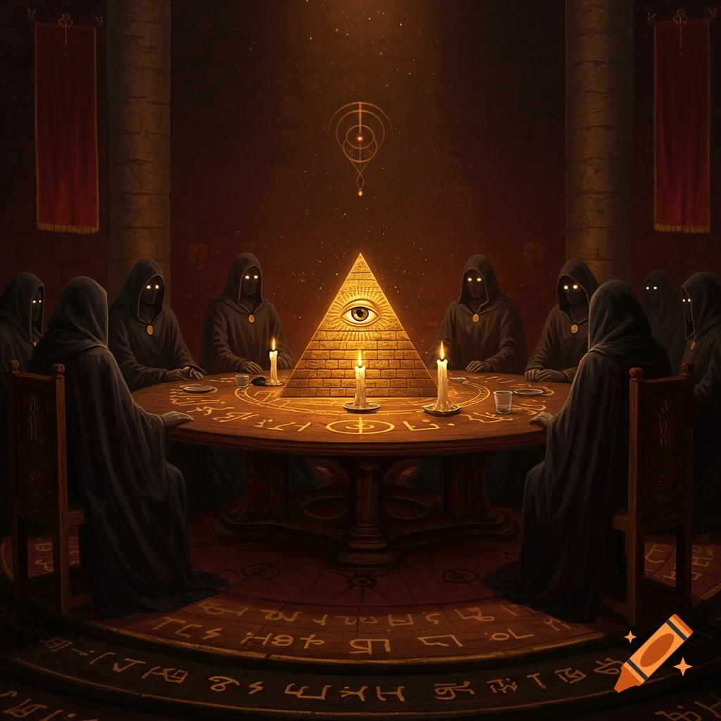Hooded figures gather around a table with a glowing pyramid and eye in a dark, candlelit room.