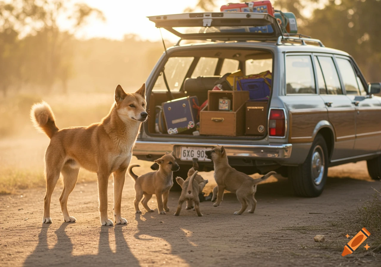 An adult dingo and several puppies stand next to the back of a packed station wagon on a dirt road at sunset.