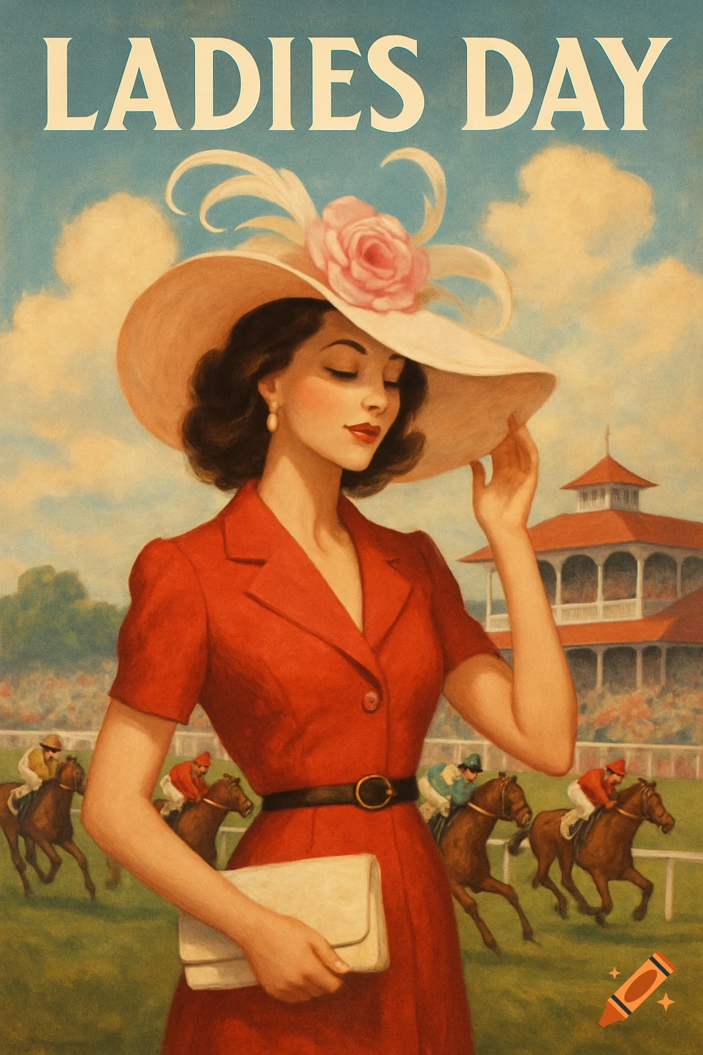 Vintage poster of a woman in a large hat and red dress at a horse race track