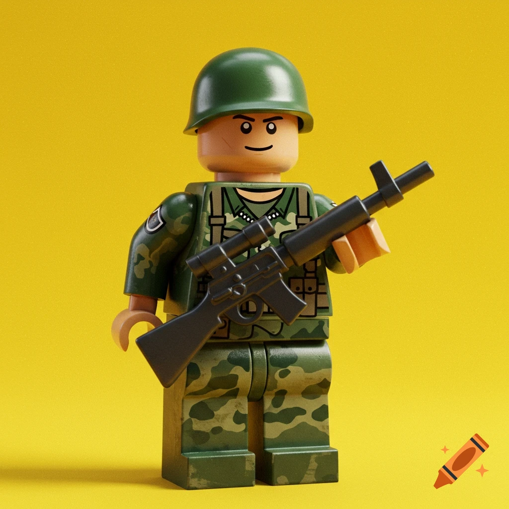 A Lego minifigure soldier in camouflage uniform holds a rifle against a yellow background.