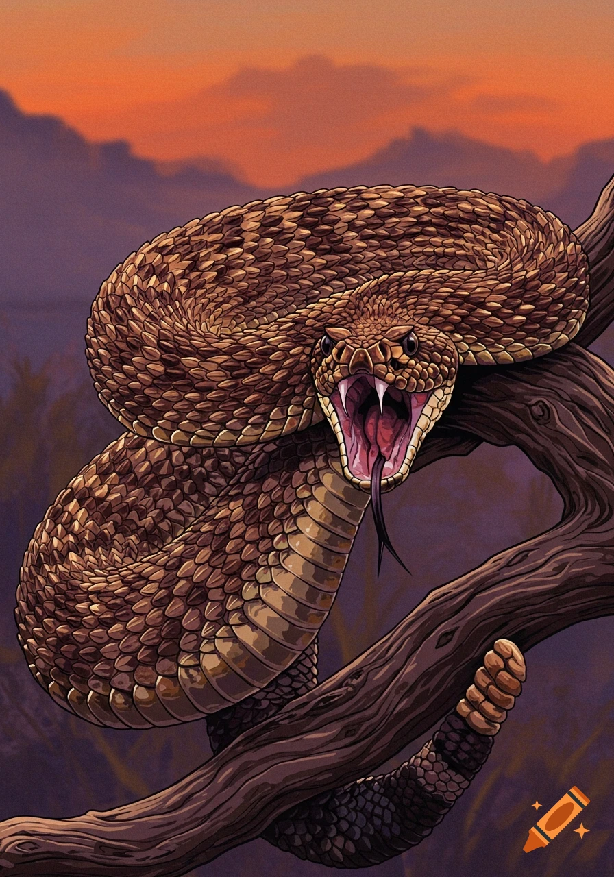 Illustration of a rattlesnake with mouth open and fangs exposed, coiled on a branch against a sunset sky.