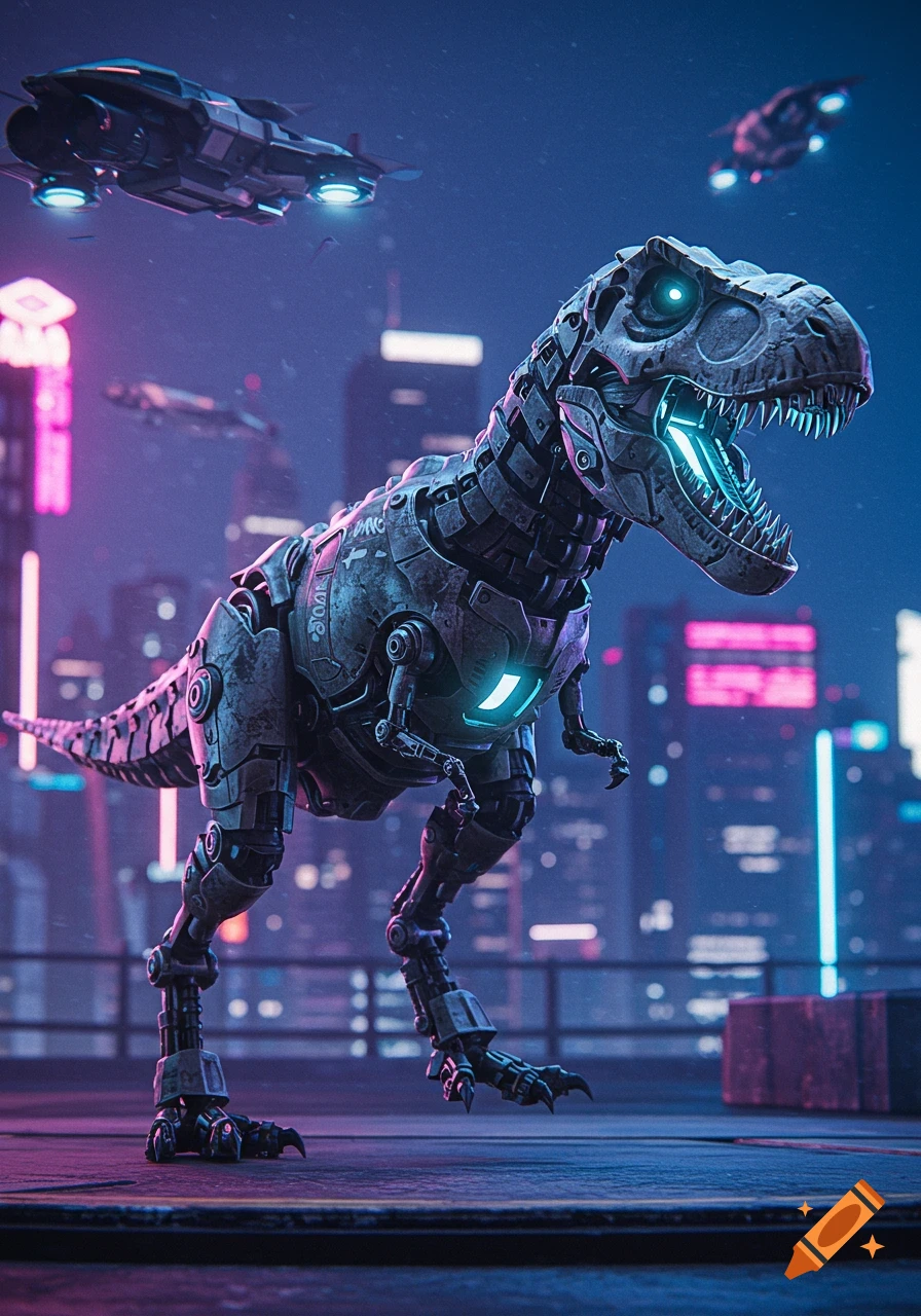A robotic Tyrannosaurus Rex stands on a rooftop with a futuristic cityscape and flying vehicles in the background.