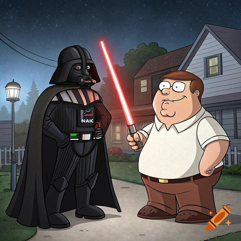 Peter Griffin and Darth Vader stand outside a house holding lightsabers