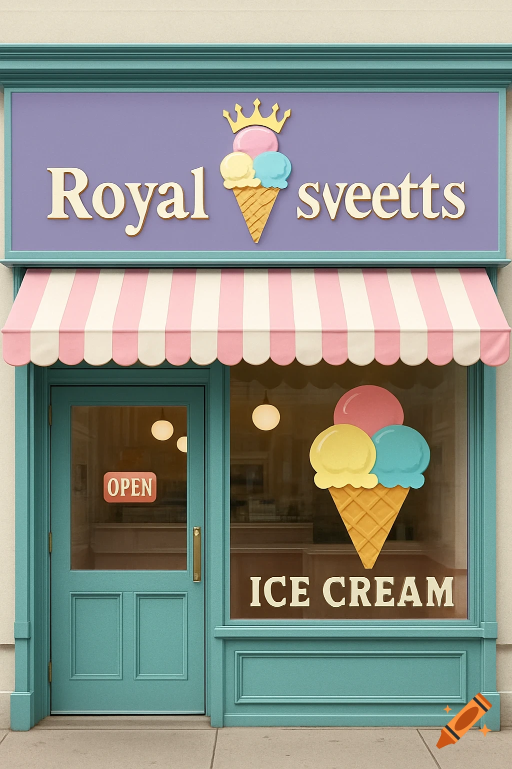 A charming retro-style ice cream shop storefront with a pink and white striped awning and a sign that reads "Royal Sweetts".
