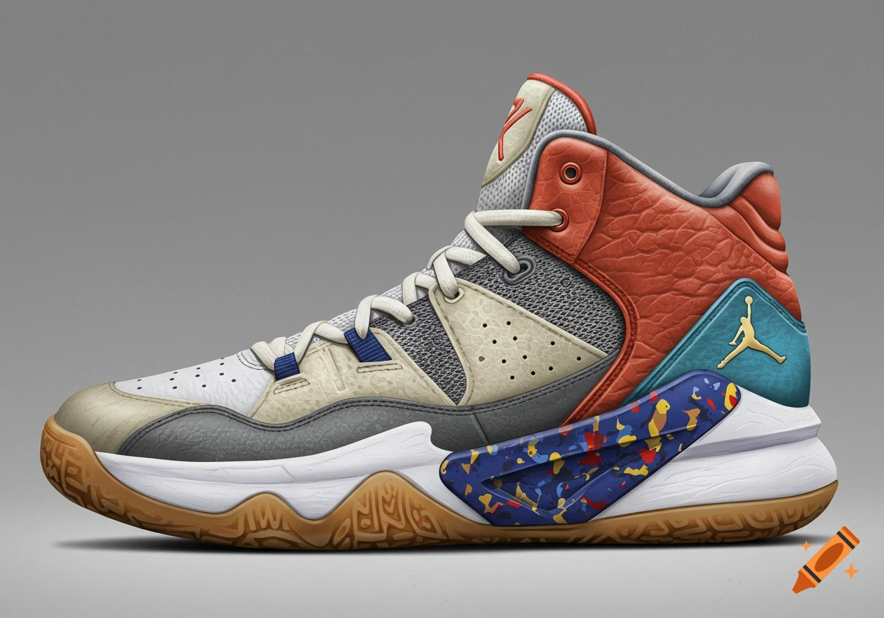 A detailed image of a colorful high-top basketball shoe on a gray background.