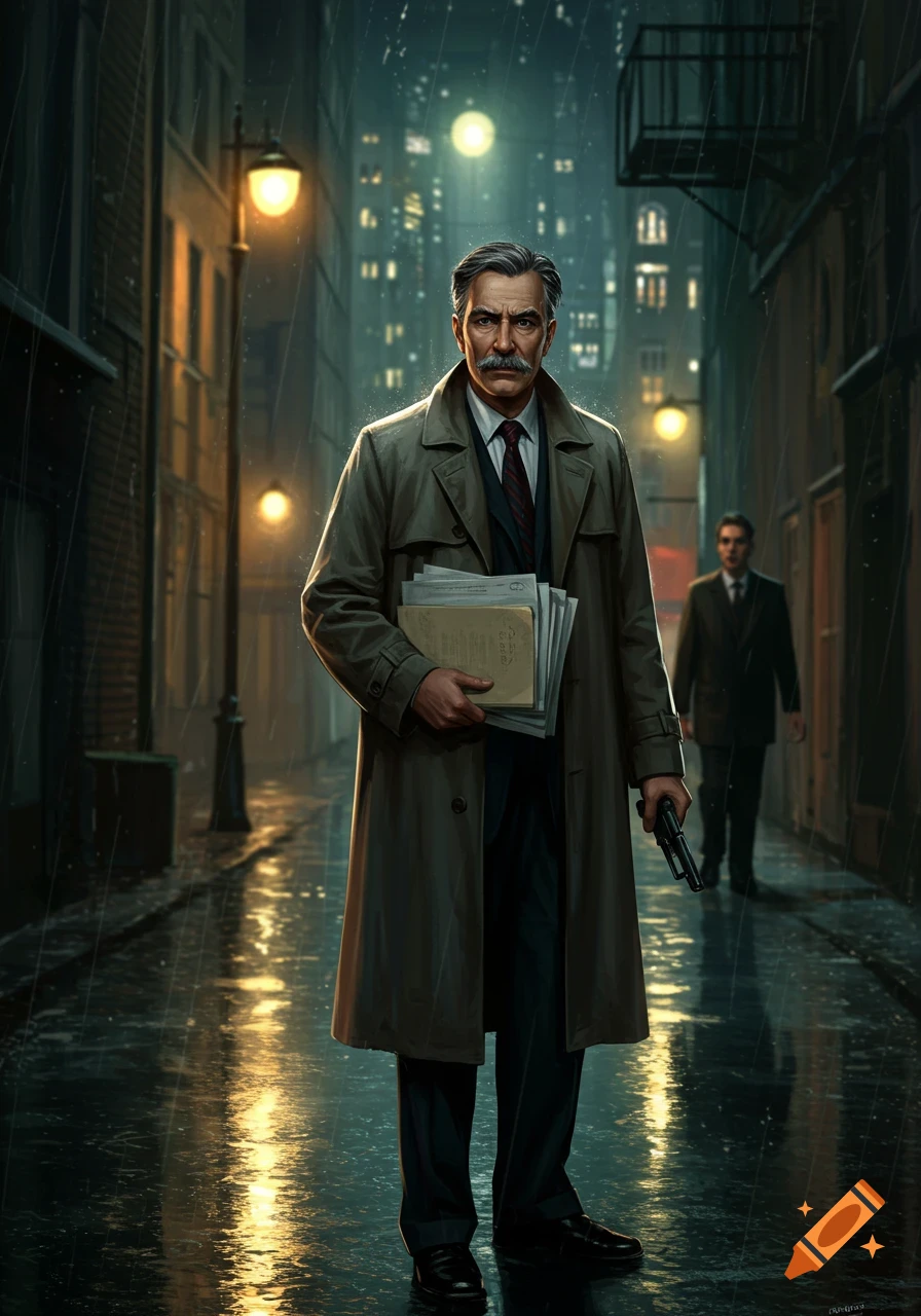 A man in a trench coat holding documents and a gun stands on a rainy city street.