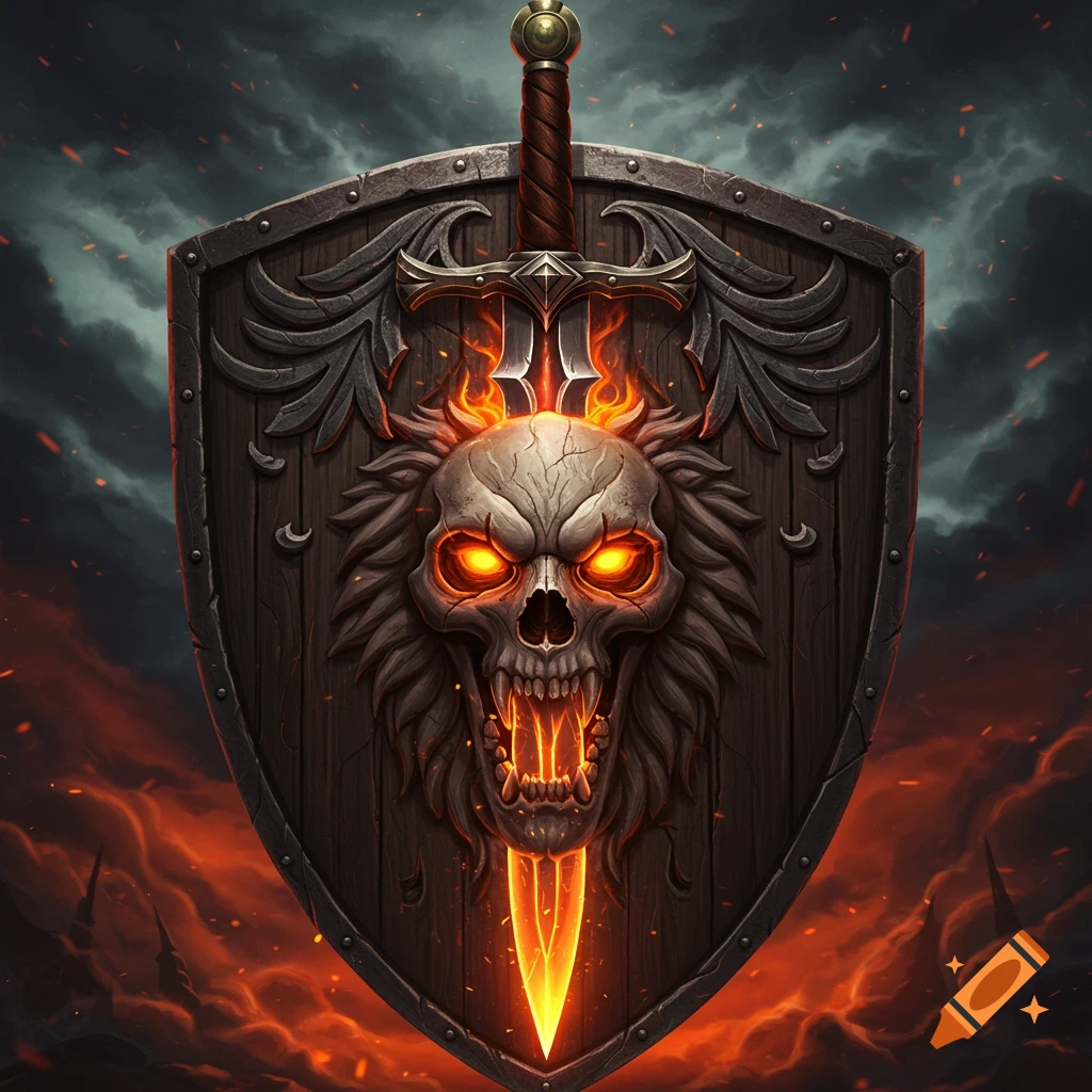 A shield with a glowing skull and a sword running through it, surrounded by flames.