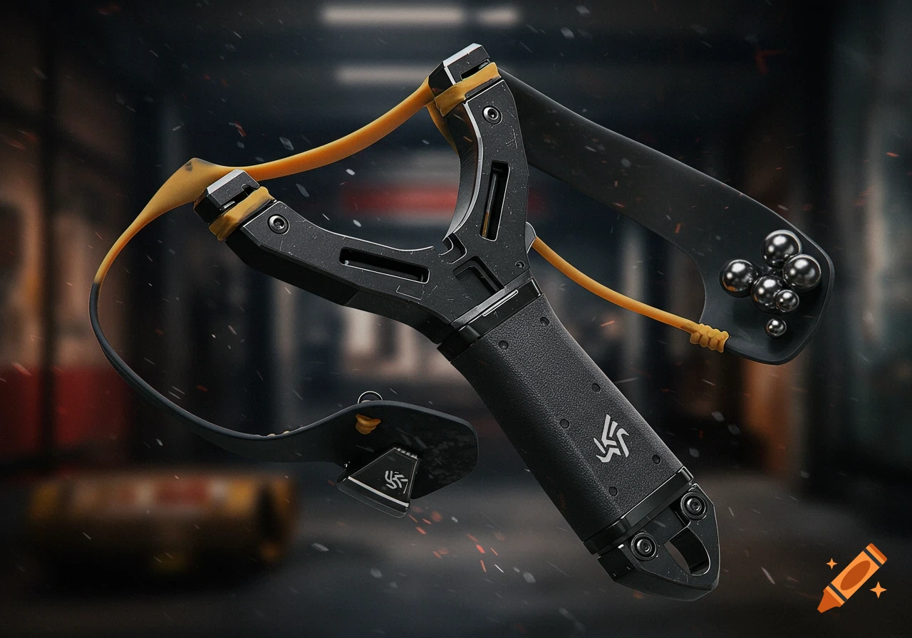 Close-up of a futuristic black and yellow slingshot