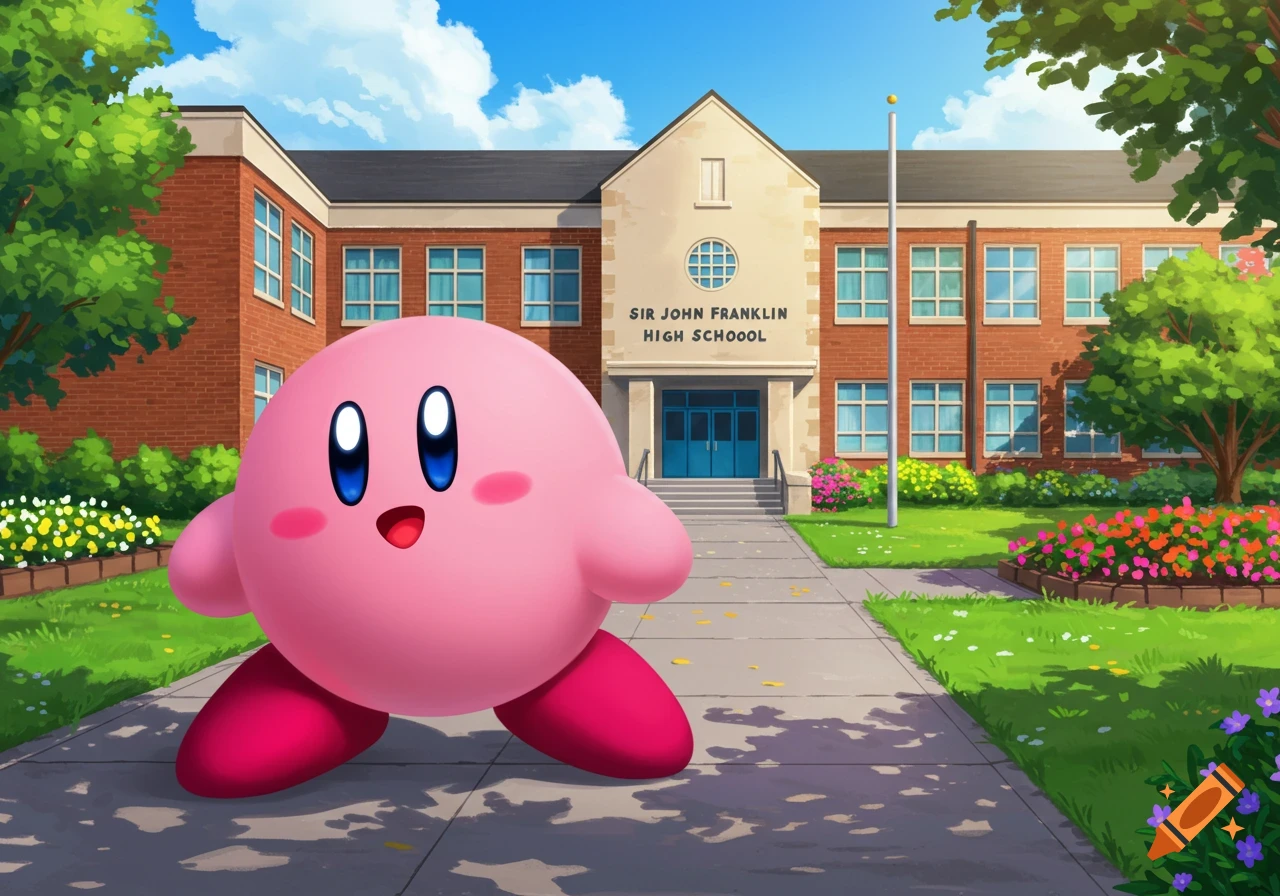 Kirby stands on a path in front of a red brick school building on a sunny day.