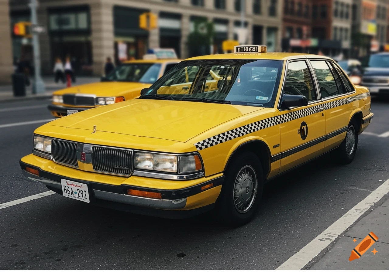 A yellow taxi cab parked on a city street.