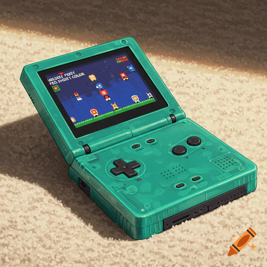 A green handheld retro gaming console sits on a carpet.