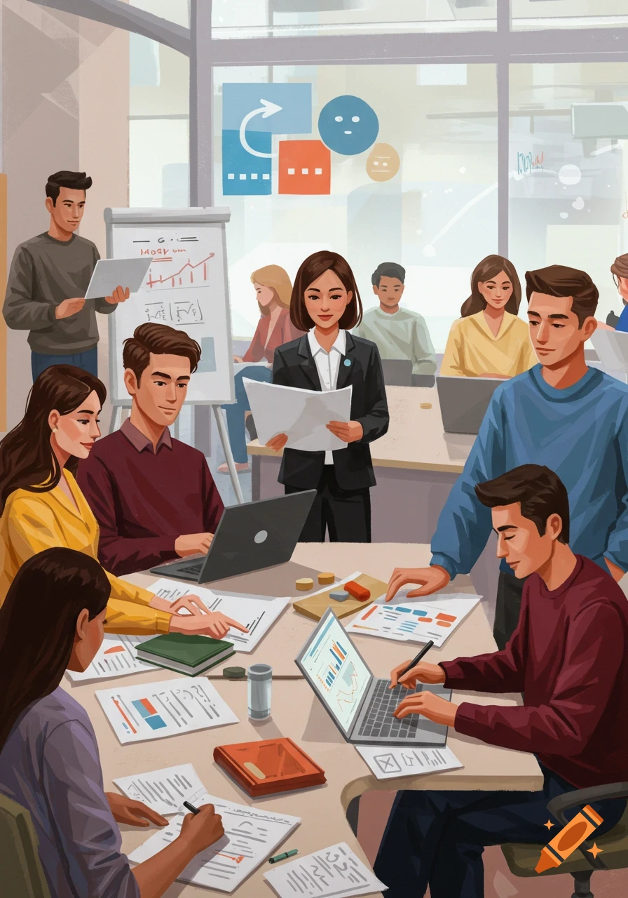 Illustration of diverse people in a business meeting or training session.
