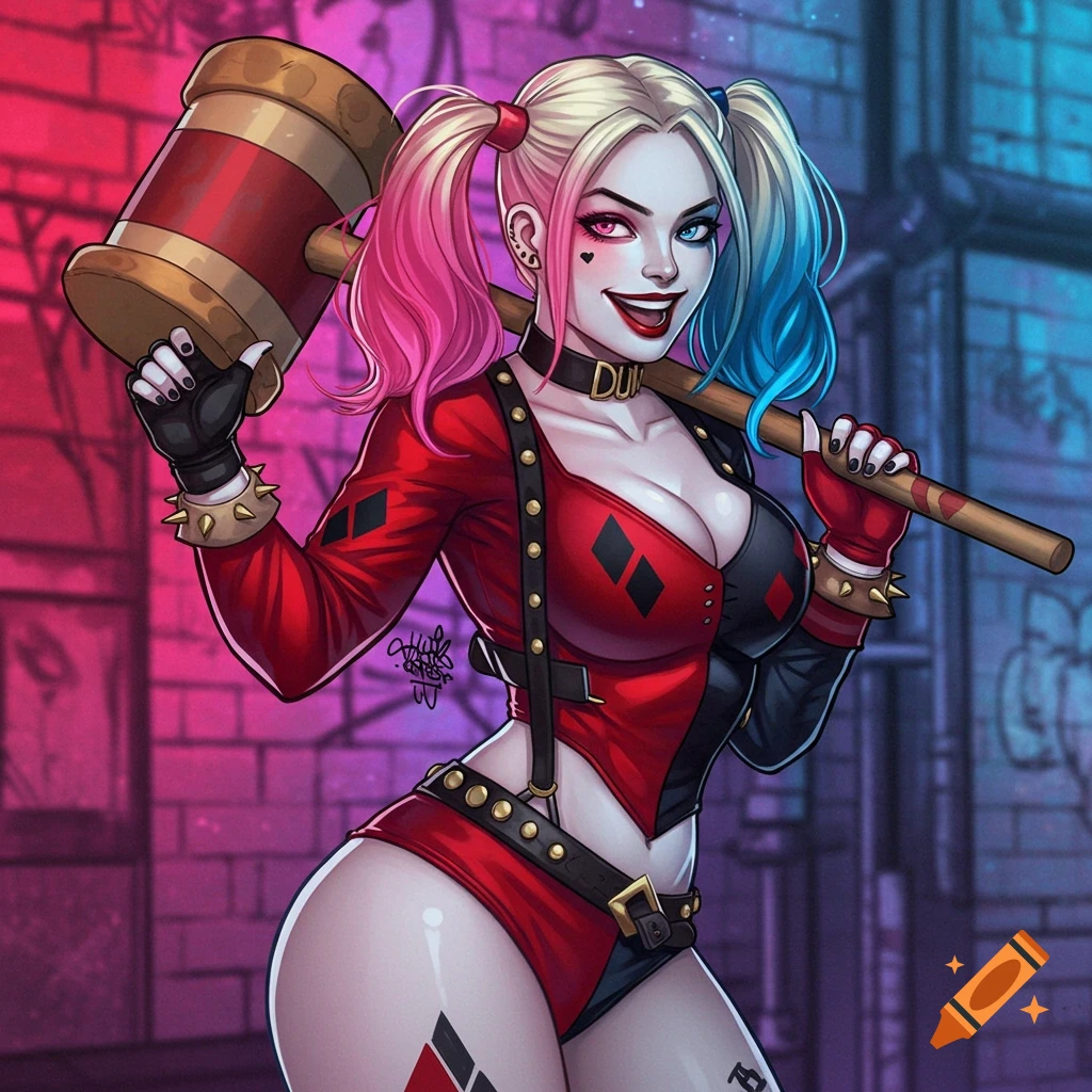 Illustration of Harley Quinn in red and black costume holding a large hammer and baseball bat.