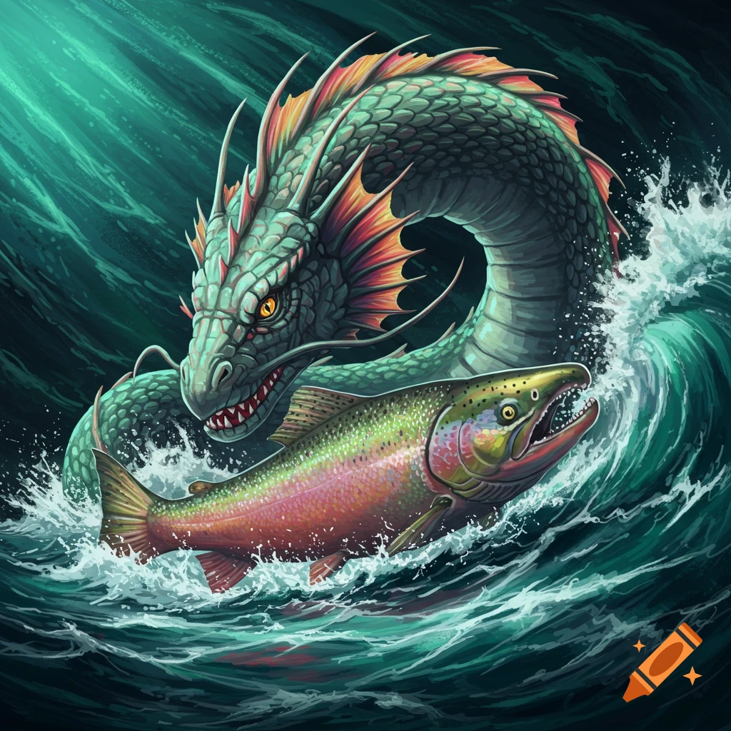 Detailed illustration of a sea serpent and a large salmon in turbulent water