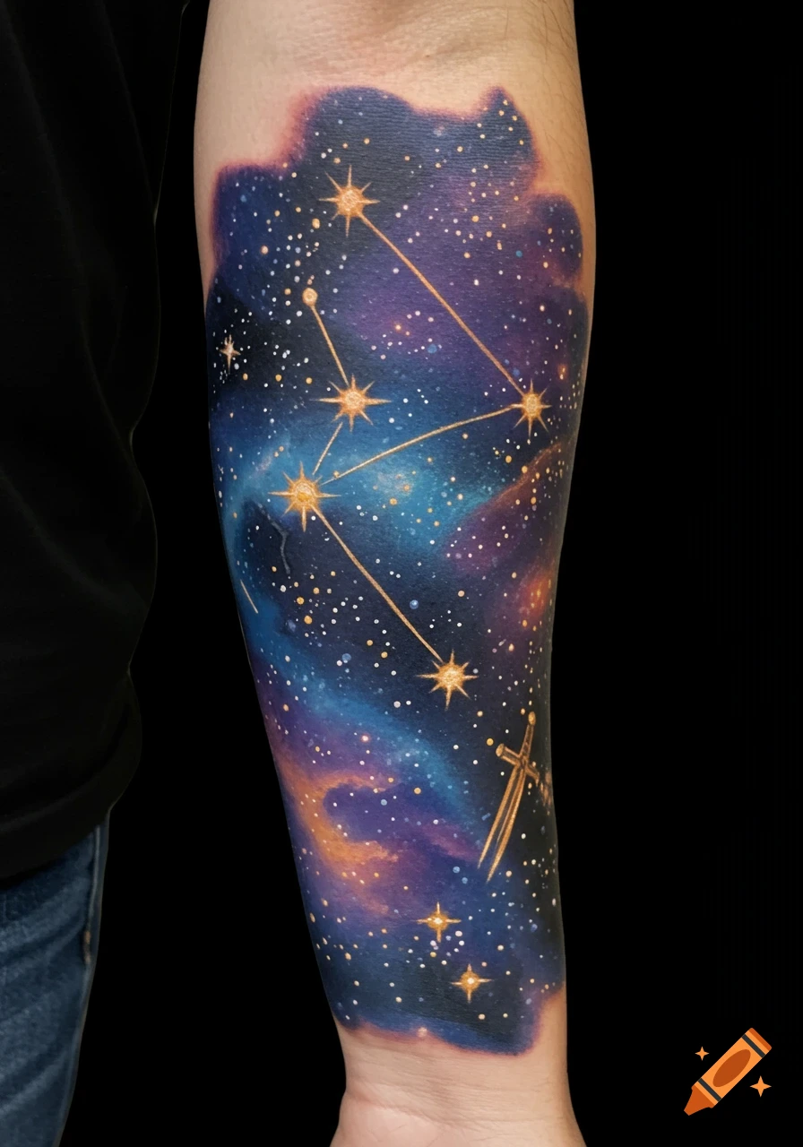 A detailed tattoo on an arm depicting the Orion constellation connected by lines against a vibrant galaxy background.