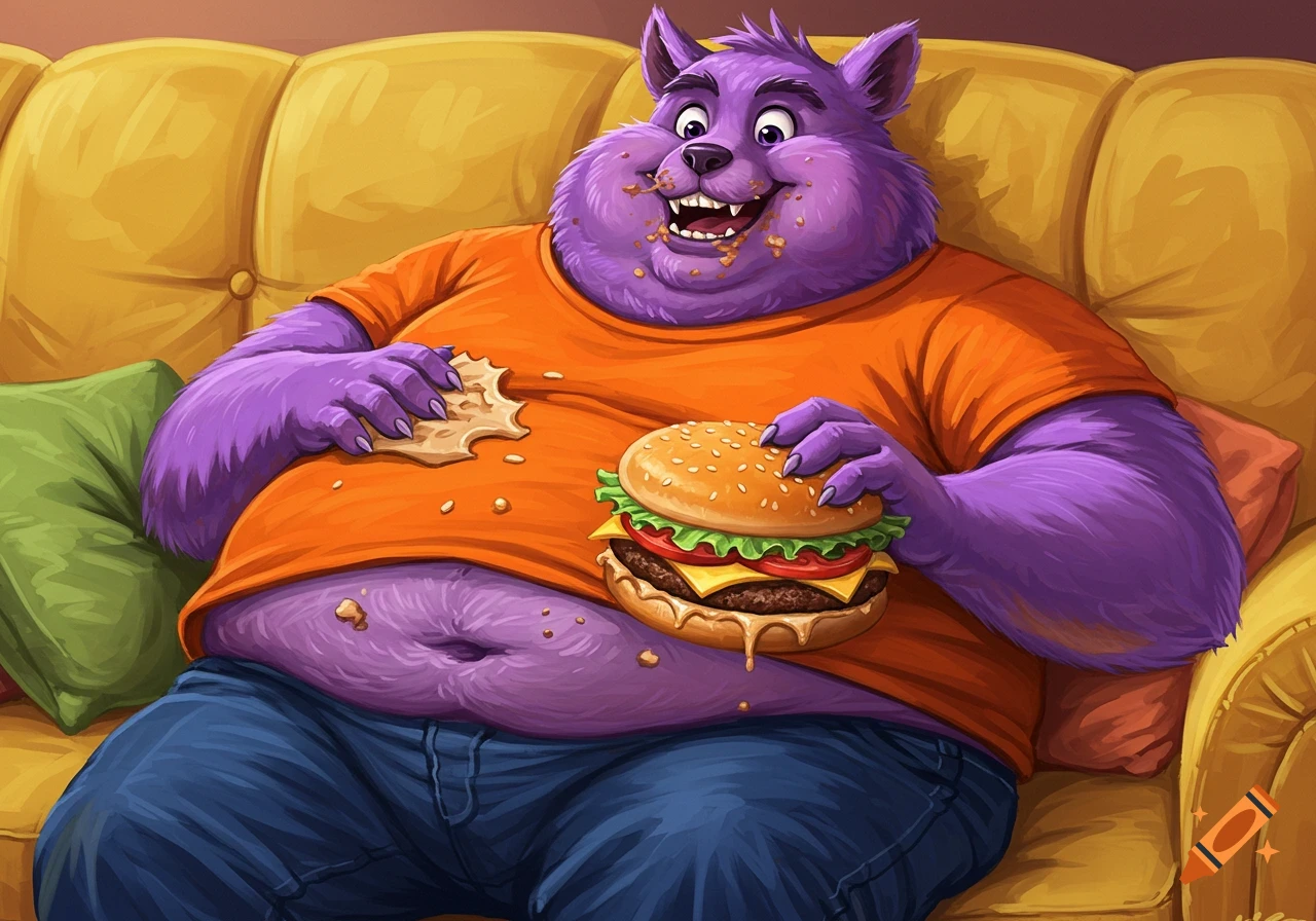 Cartoon illustration of a fat purple creature sitting on a couch and eating a hamburger.