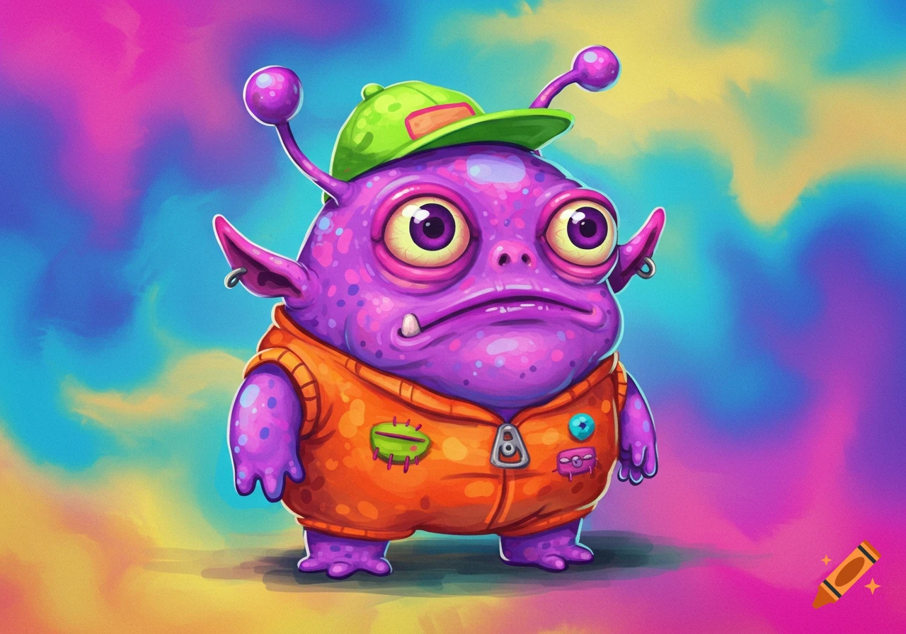 A purple cartoon alien with big eyes wearing a green cap and orange vest against a colorful background