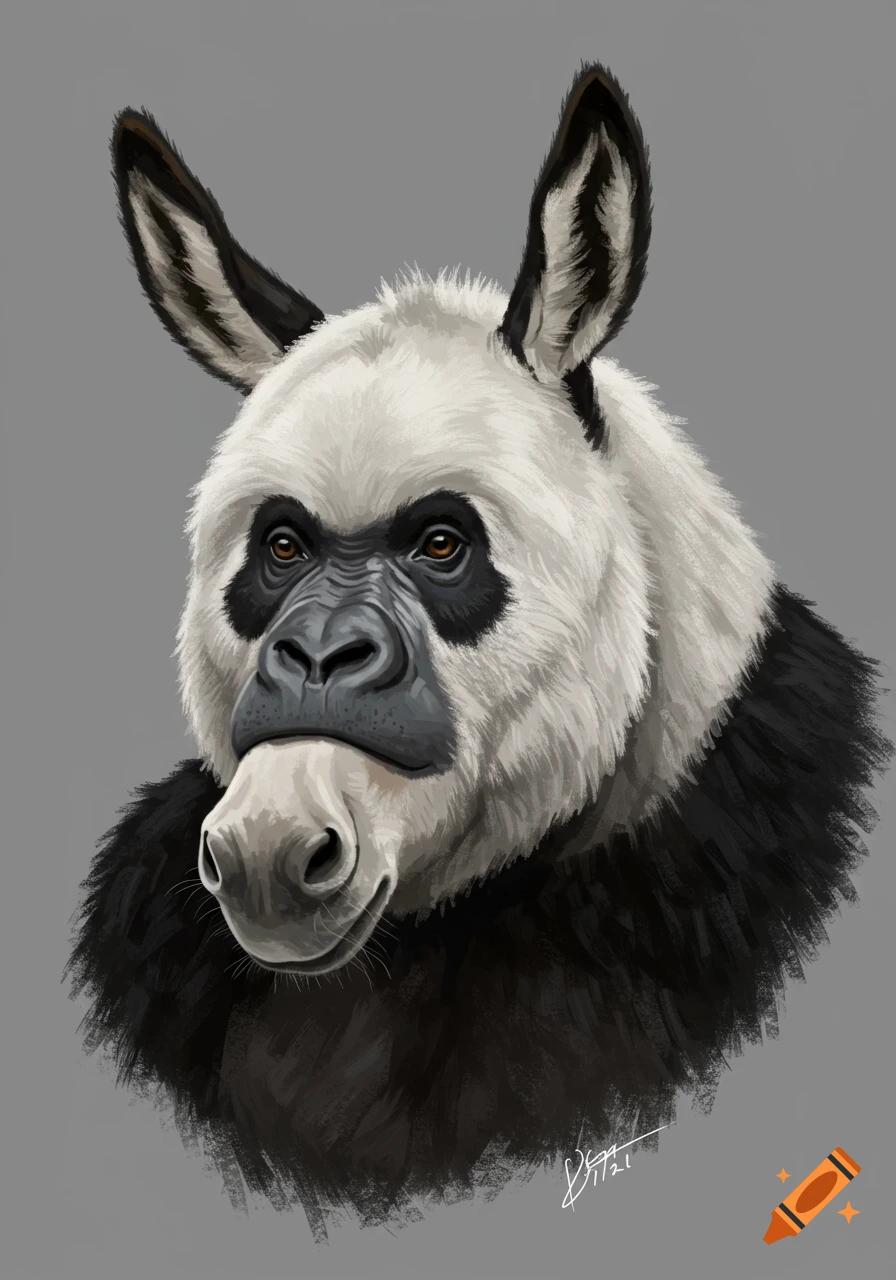 Digital painting portrait of a creature with gorilla features, panda fur, and donkey ears and nose.