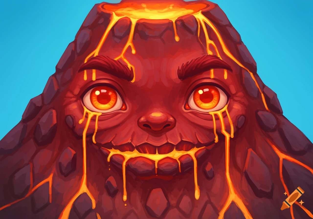 Close-up of a cartoon volcano with a face, smiling with lava dripping from its eyes and mouth against a blue sky.