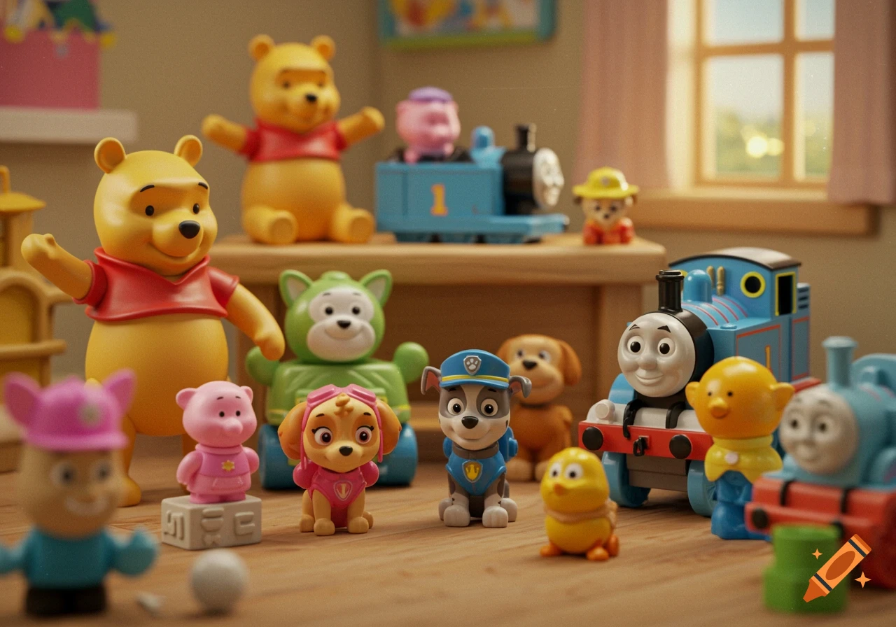 Diorama of Fisher Price toys including Winnie the Pooh, Paw Patrol, and Thomas the Tank Engine on a floor.