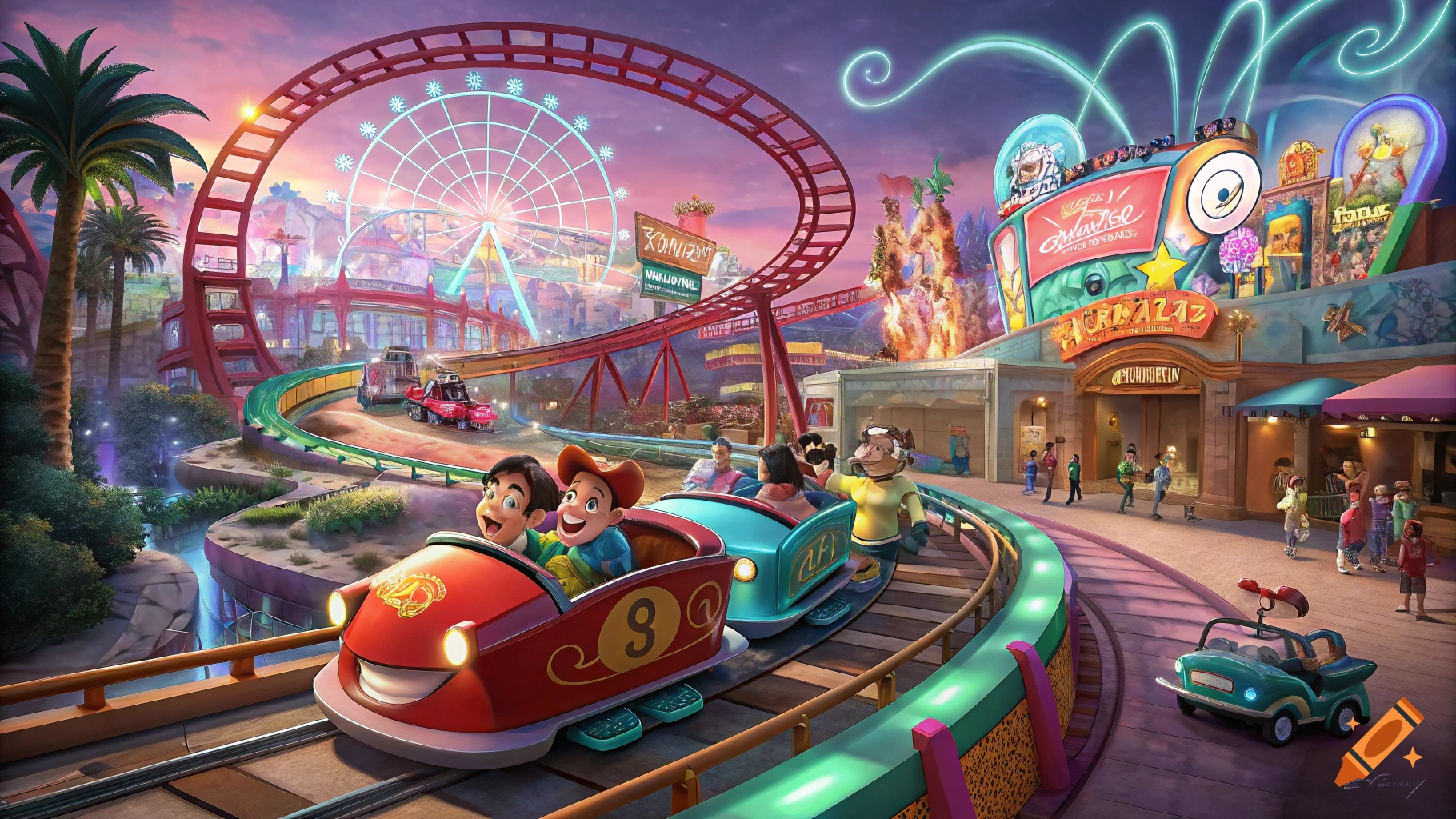 Cartoon style image of a roller coaster ride through a colorful theme park with characters in the front car.