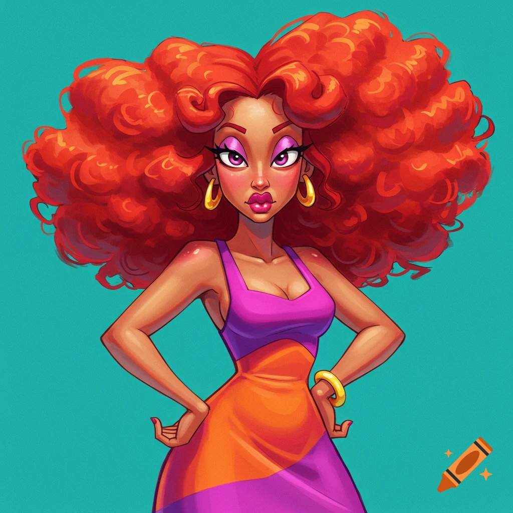 Stylized illustration of a woman with large red curly hair and a purple and orange dress.