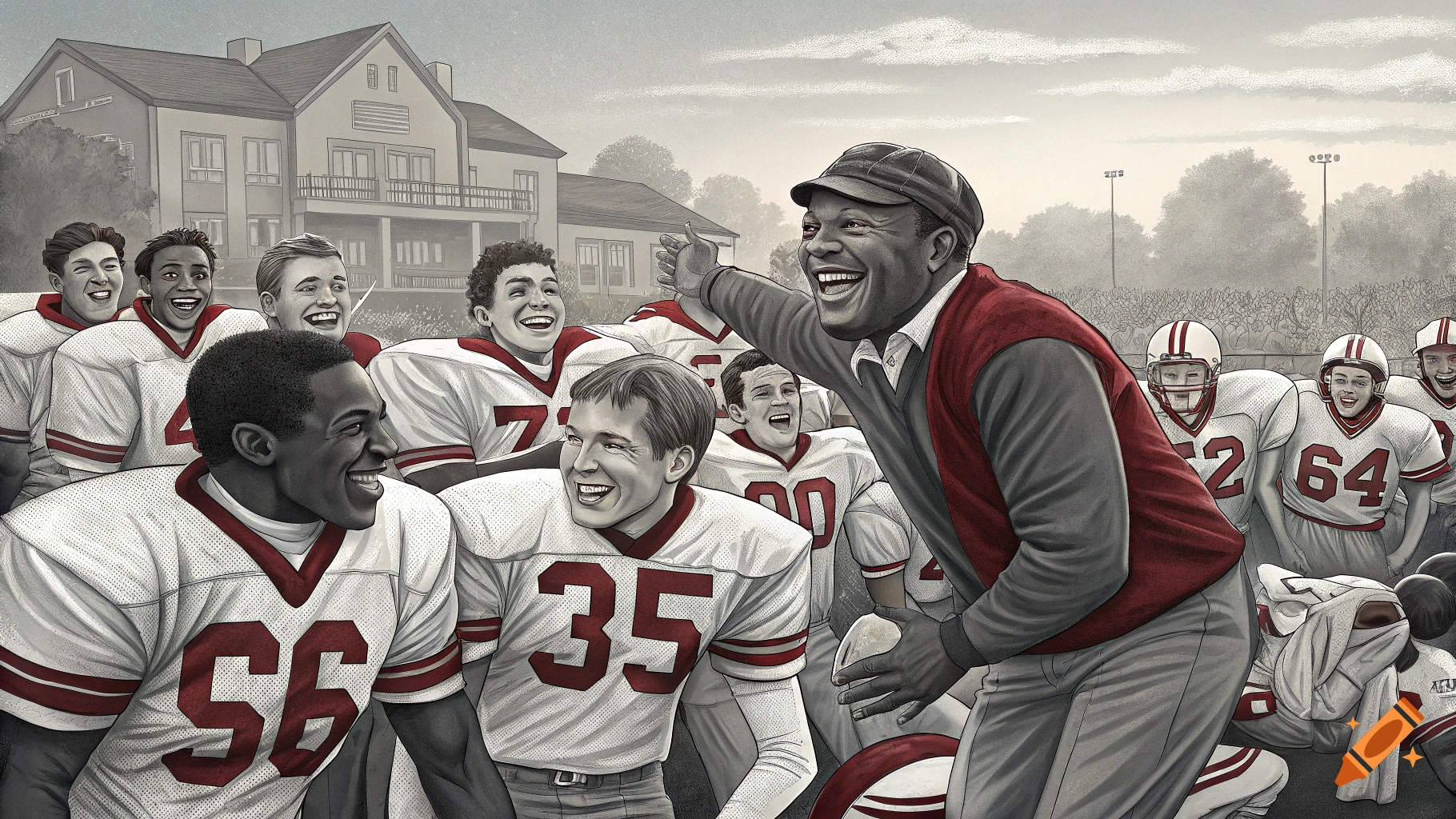 A joyful coach and football players celebrate on a field with a crowd and building in the background.