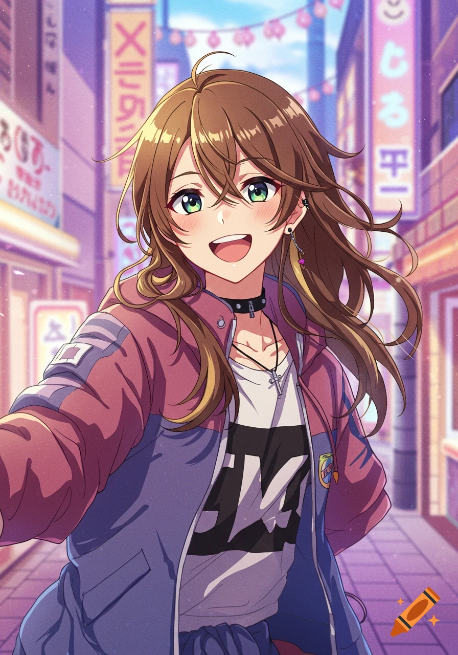 Anime illustration of a smiling person in a jacket on a city street.