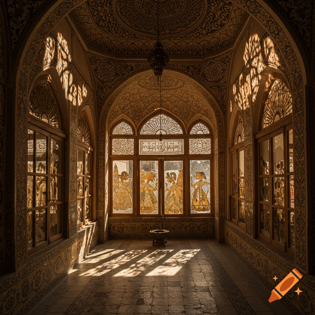 Ornate interior with arched windows, patterned walls and ceiling, figures in stained glass, and dramatic shadows.