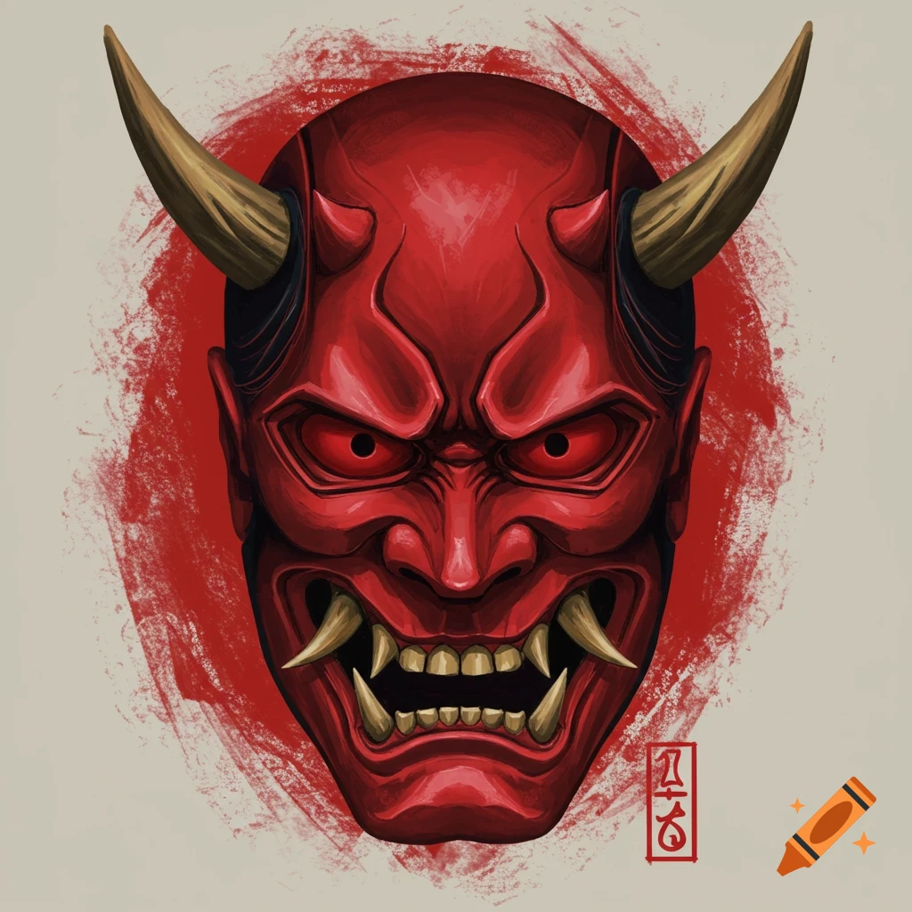 Stylized illustration of a red Japanese Oni mask with gold horns and fangs on a brushstroke background.
