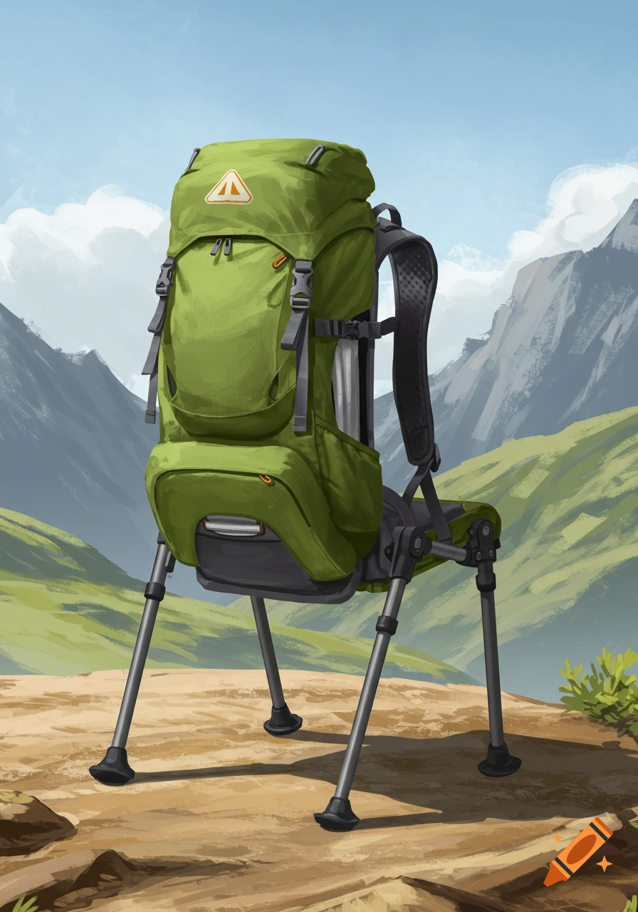 A green backpack transforms into a chair with legs, set in an illustrated mountain landscape.
