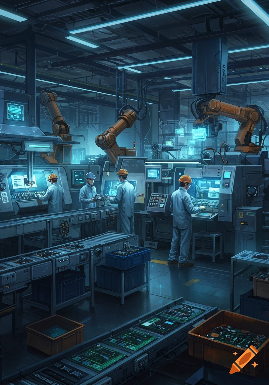 Illustration of a futuristic manufacturing factory with robots and workers