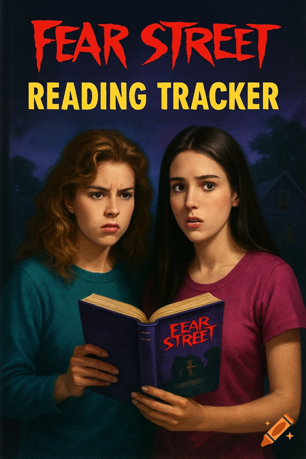Two young women look at a book titled 'Fear Street' with 'Fear Street Reading Tracker' above, in a 90s horror style.