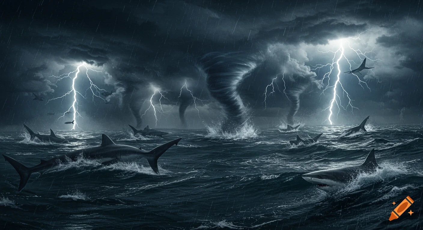 Sharks swim in a stormy ocean with multiple tornadoes and lightning strikes.