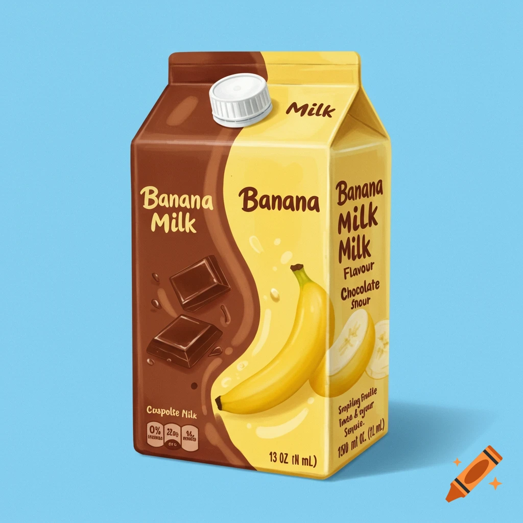 A milk carton split down the middle, one side chocolate milk with chocolate squares, the other banana milk with a banana.