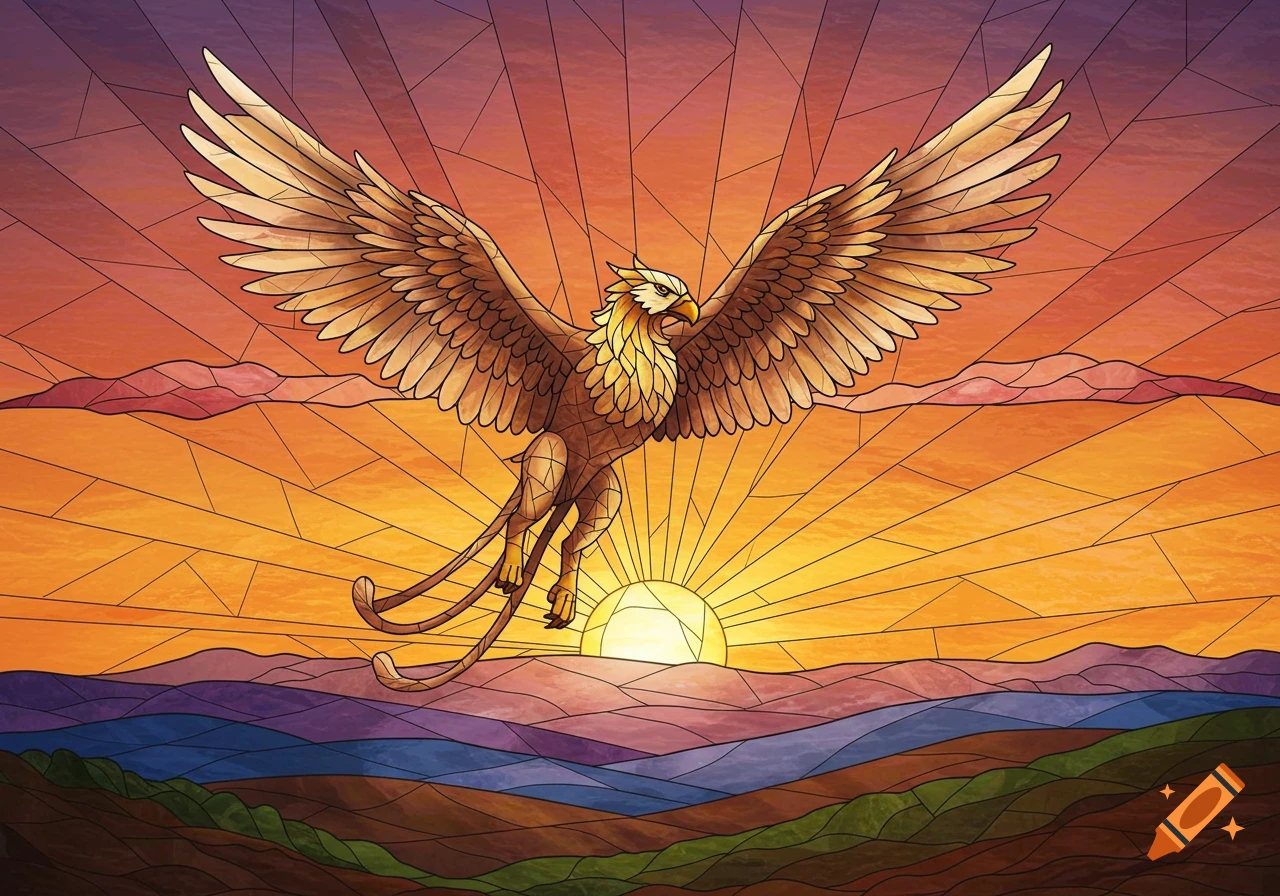 Stained glass depiction of a griffin flying over hills at sunrise.