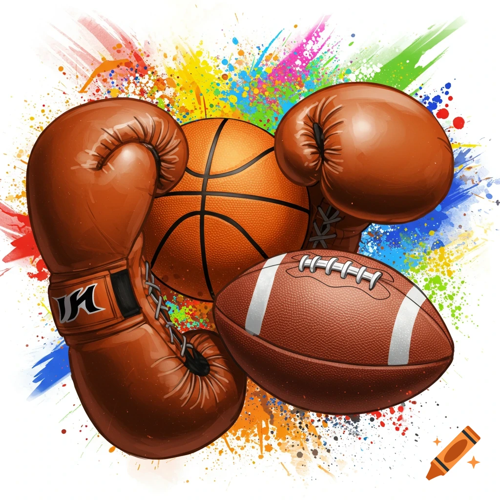 Boxing gloves, basketball, and football arranged with colorful paint splatters background, illustration style.