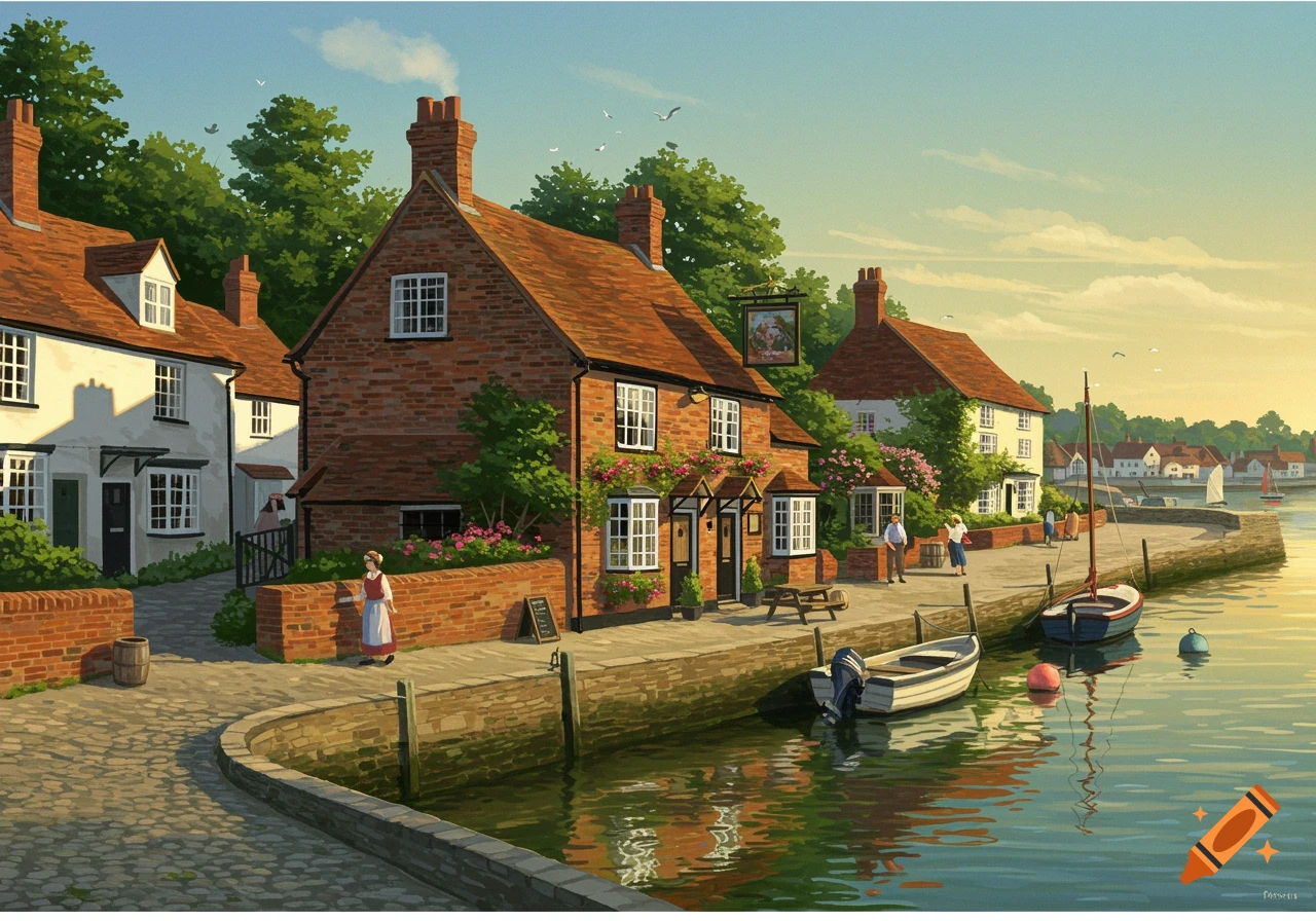 Painting of a village harbor scene with traditional buildings, boats, and people.